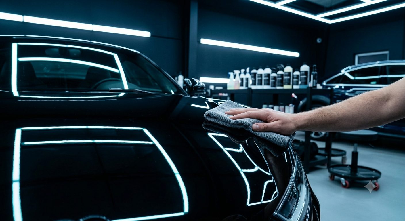Detailer hand-waxing a car hood