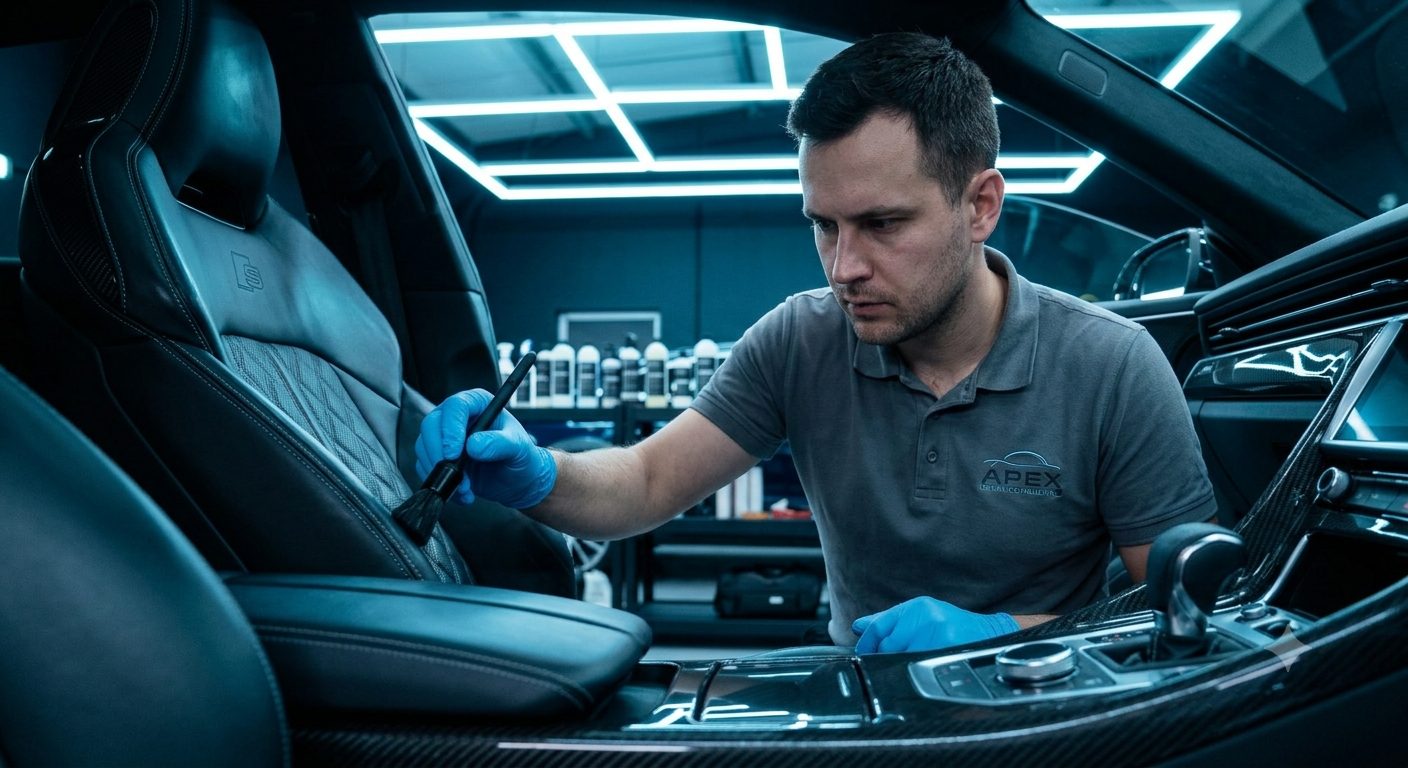 Detailer cleaning a leather car interior
